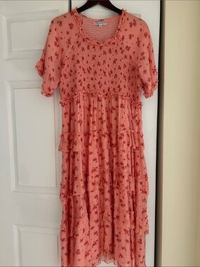 Love Olive CO XL Coral Pink Floral Ruffle Tiered Dress